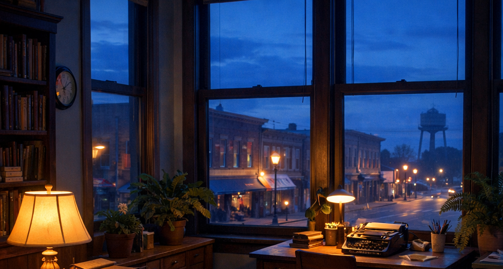 Imagine a cozy office space nestled in a charming older building on the main street of a small Midwestern city The room is bathed in the soft calming-1